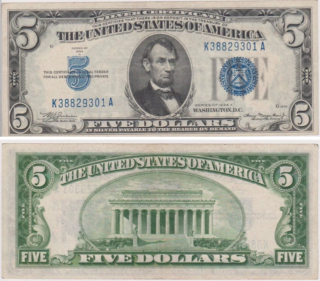 United States Five Dollar Note Silver Certificate 1934A Blue Seal