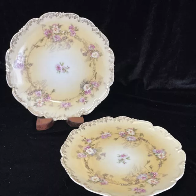 Two Imperial Crown China Austria Luncheon Plates Yellow w/ Roses & Gilding