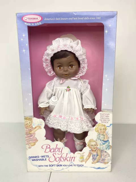 Vintage Horsman Baby Softskin 14" African American Black Doll w/ Bottle & Box