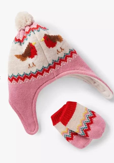 Set cappelli e guanti lavorati a maglia per bambine Fairisle Robin età 6-12 mesi *nuovi con etichette*