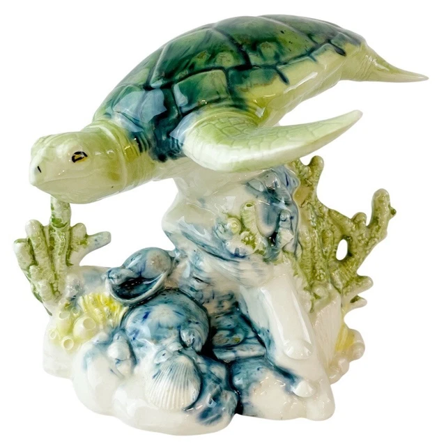 Sea Turtle Statue Figurine Swimming Marine Life Coral Reef Sea Shells Ocean 8"