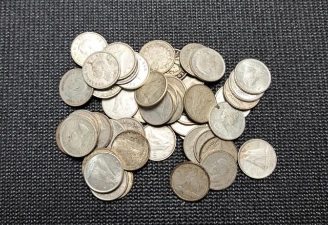 1966 And Older Canada Silver 10 Cents Roll $5.00 Face Value 50 Coins 80%