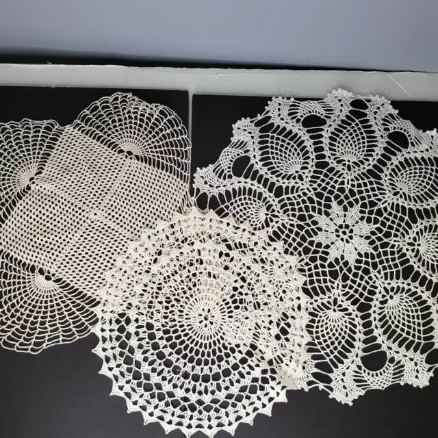 Handmade Crochet Doilies Pineapple Pattern White Round Square Lot of 3 Vintage