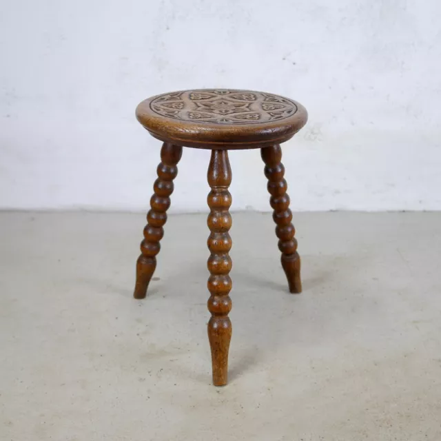 Antique Vintage Carved Oak Bobbin Legged Tripod Side Table Stool 2