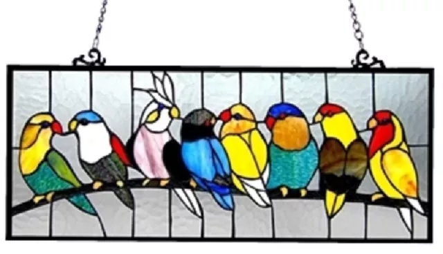 25.5" Colorful BirdsLounging on Branch Stained Glass Tiffany Style Window Panel
