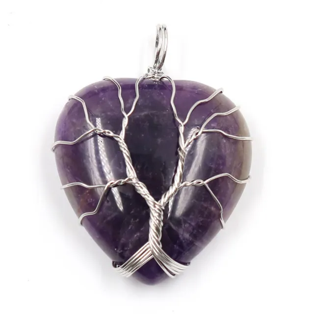 Natural Healing Crystal Quartz Wire Wrap Tree Of Life Heart Chakra Stone Charms