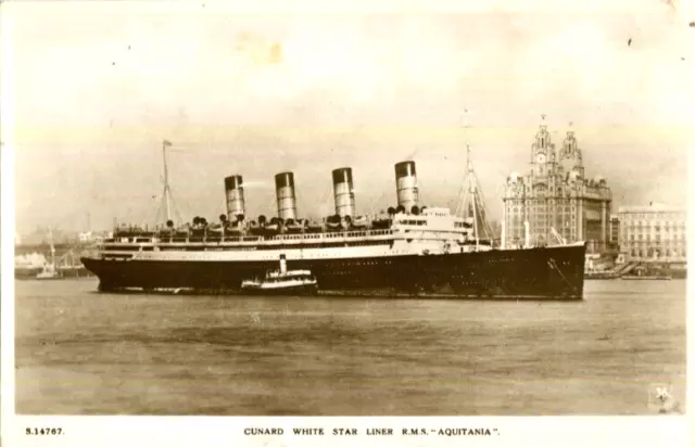 1936 postcard Cunard Line RMS AQUITANIA with passenger tender on the Mersey