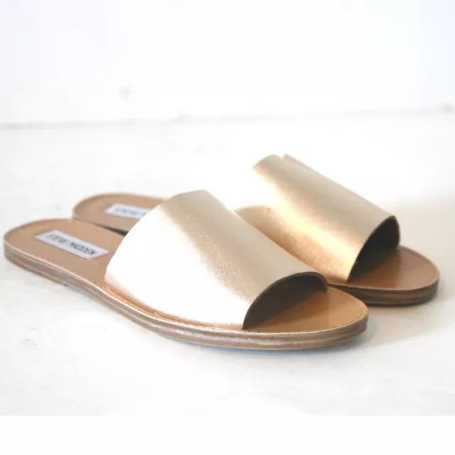 Size 7.5 - STEVE MADDEN Women's Gold Leather Flat Slide Sandals