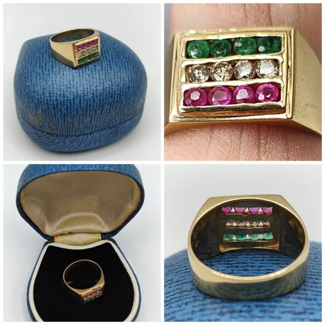 STUNNING BOXED BESPOKE SOLID 18K YELLOW GOLD "EMERALD/DIAMOND/RUBY" SET RING 7g.