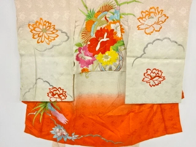 45720# Japanese Kimono / Antique Kimono For Girls / Embroidery / Bird & Flow
