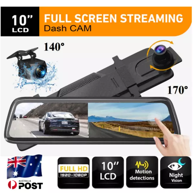 10" FHD 1080P Dual Lens Car DVR Dash Cam Reversing Camera RearView Mirror Video
