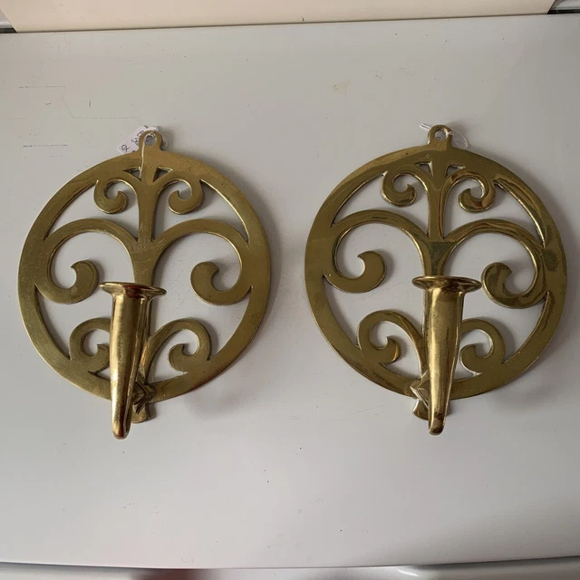 Pair of Vintage Solid Brass Wall Mount Sconce Candle Holders