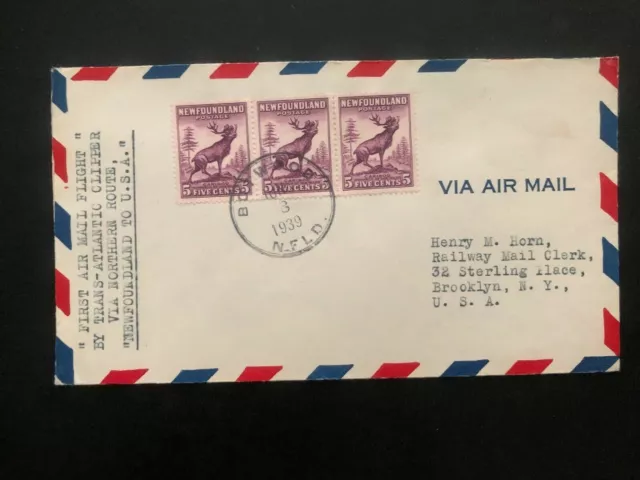 1939 Botwood Newfoundland First Flight Airmail Cover FFC To New York USA North R