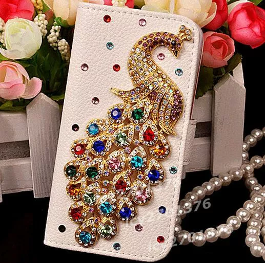 Luxury Bling Diamond Crystal Peacock Leather slots Flip Wallet Phone Cover Case