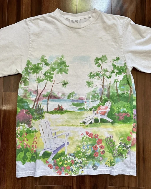 Vintage Art Floral Picnic T-shirt Sz Medium