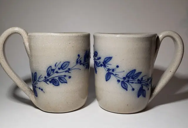 2 Hand Crafted Salt Glazed Stoneware Pottery Mugs Salmon Falls Blueberry Vine