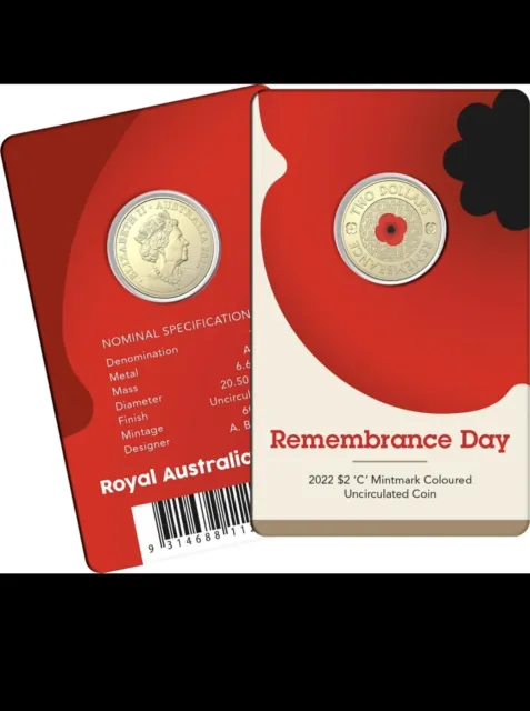 2022 $2 "C" Red Poppy Remembrance Coloured Unc Coin On Card