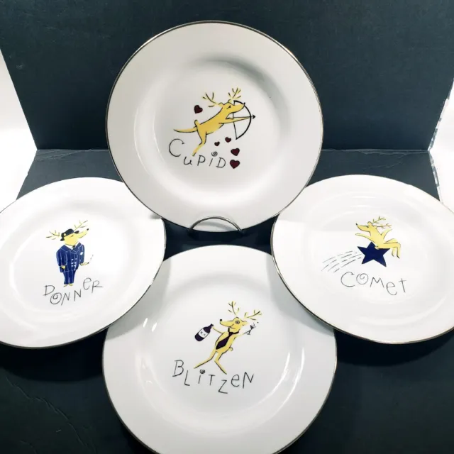 4 Pottery Barn Reindeer Dessert Salad Plates Cupid Comet Blitzer Donner