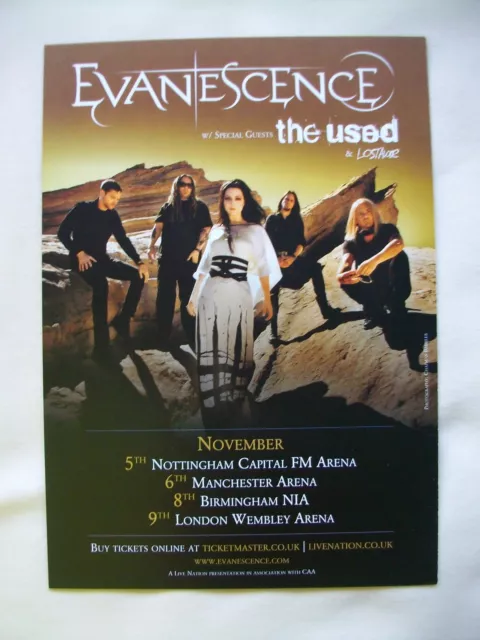 EVANESCENCE/ the used & Lostalone 2012 UK Arena Tour VERY RARE Promo tour flyer