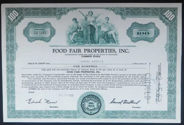Usa  Vintage 1961  Food Fair Properties Inc 100 Common Stock  Share Certificate