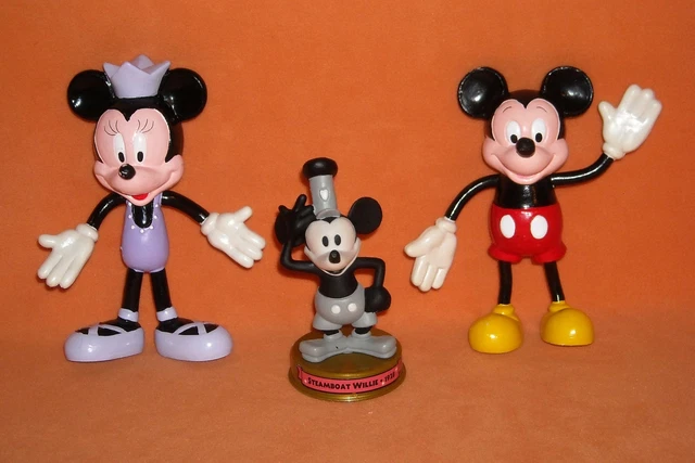 LOT 3 Steamboat Willie MICKEY n MINNIE MOUSE DISNEY bendable RUBBER PVC FIGURES