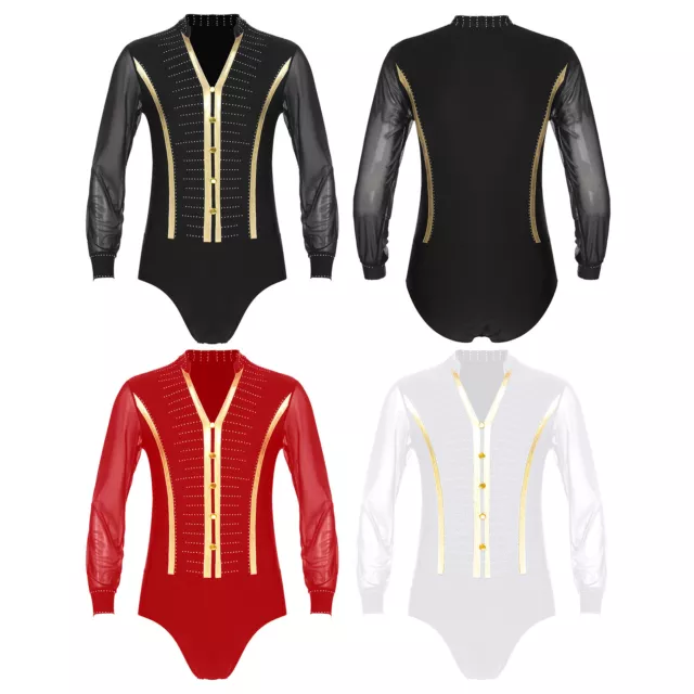 Hommes Léotard Strass Danse Latine Tango Samba Body Chemise à Manches Longues