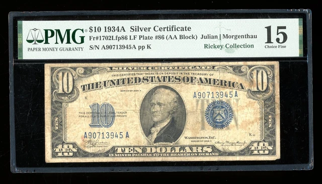 DBR 1934-A $10 Silver late-finish FP 86  Fr. 1702Lfp86 PMG 15 Serial A90713945A
