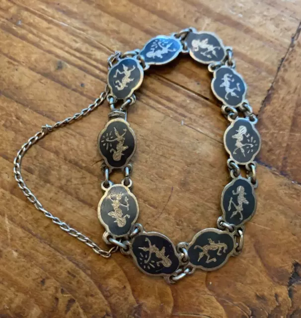 Vintage Thainakon Niello Thai Dancer Siam Sterling Silver Link Bracelet
