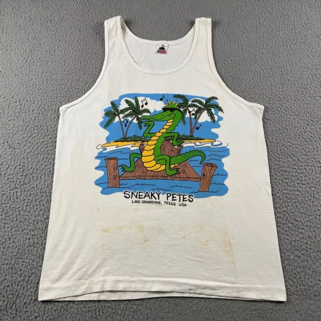 VINTAGE Sneaky Petes Shirt Mens Large White Tank Top Graphic Lake Texas 90s
