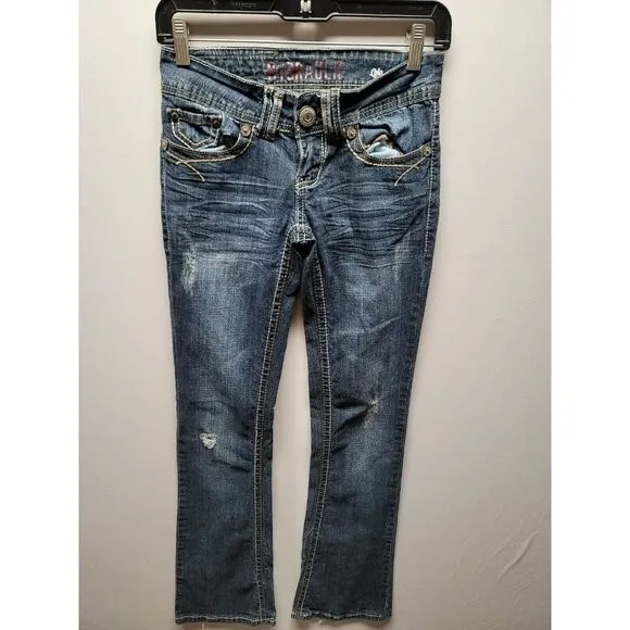 Hydraulic Lola Curvy Slim Boot Cut Jeans Junior Size 1/2 Distressed Heavy Stitch