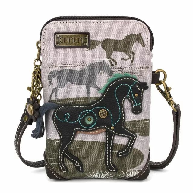 New Chala Safari Horse Grey Black Canvas Faux Leather Cell Phone Crossbody Purse