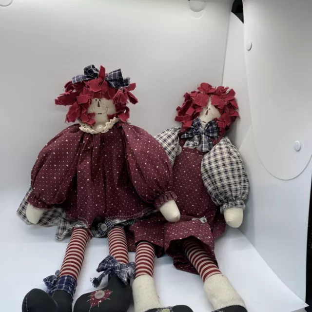 Vintage 19” Folk Art Primitive Raggedy Ann & Andy Rag Doll Pair Handmade