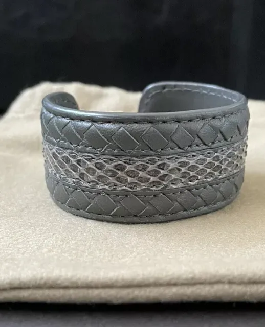 Bottega Veneta Grey intrecciato leather and snakeskin cuff Bracelet Size M