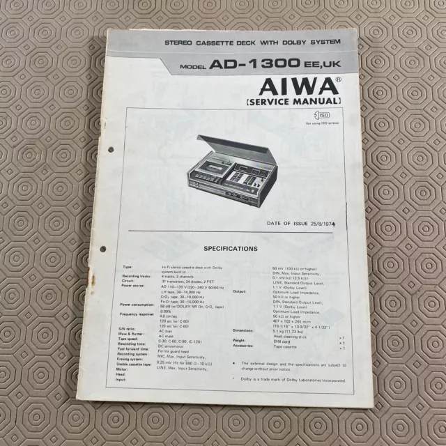 Original Service Manual for the Aiwa AD-1300 EE, UK Stereo Cassette 25/8/1974
