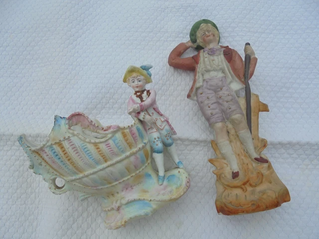 Vase enfant et figurine statue homme en biscuit polychrome