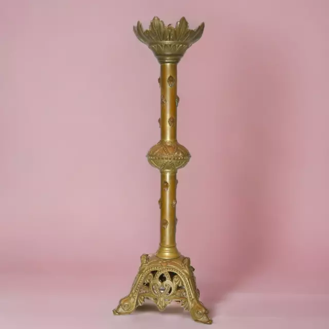 Candeliere Gotico Base Decorata In Ottone Antico 1900 Candelabro Arredamento