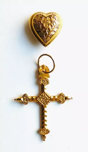 Pendentif croix de Jeannette et coulant en OR massif bijoux 19e siècle coeur