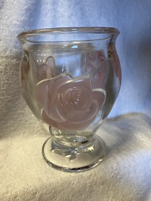 Heavy, Thick Glass Vase. 3 Raised Pink Satin Rose Design. 6” T Weighs 2.8 lbs