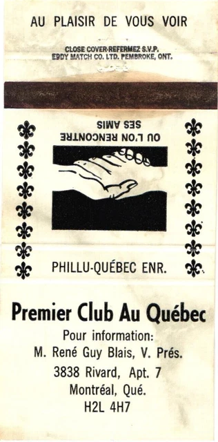 Montreal Quebec Canada Premier Club Au Quebec Vintage Matchbook Cover