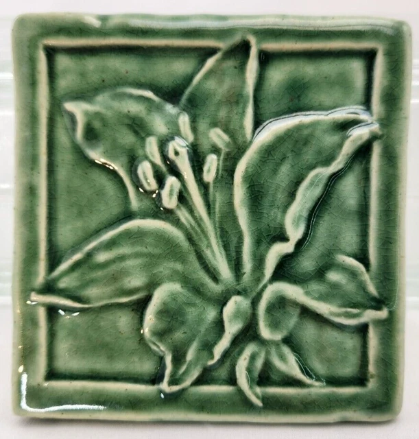 Art Tile Pottery by The Whistling Frog Green Lilly 4" x 4" Handmade w/ Hanger