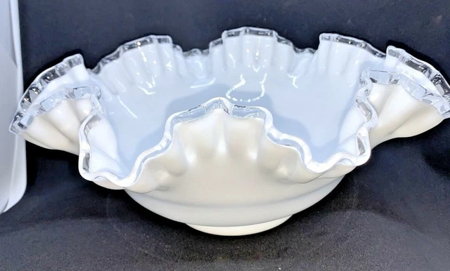 Large Fenton White Ruffle Silver Crest  Serving Bowl