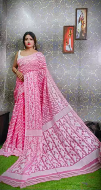 Indian Pure Cotton Soft Dhakai Jamdani Sari Women Traditional Woven Saree Blouse