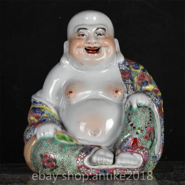 6.8" Old Chinese Fencai Porcelain Buddhism Happy Laugh Maitreya Buddha Statue