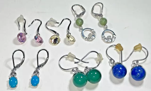 6 Pair Vintage STERLING SILVER Pierced Dangle  EARRINGS,  Gem Stones & Crystal