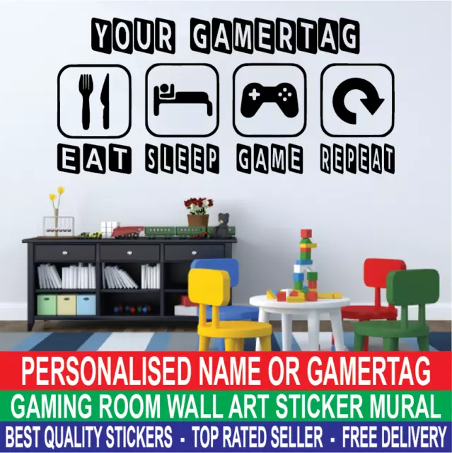 Personalised Eat Sleep Game Repeat Gamer Tag Wall Art Decals Stickers Bedroom