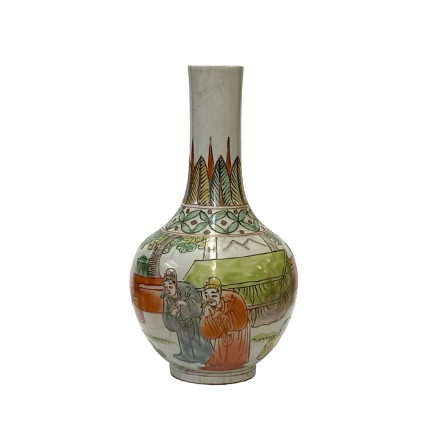 Chinese Distressed Off White Crackle Color Graphic Small Vase ws2960S Chinese Distressed Off White Crackle Color Graphic Small Vase ws2960S