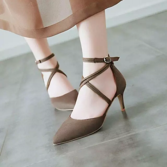 Women Casual Pointed Toe Heels Sandals Pumps Cross Strappy Buckle Shoe Party NEW