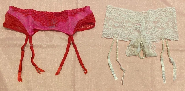 Vtg Lot of 2 Nylon Spandex Garter Belts Crotchless Pearl Panty V. Secret Sz S  M