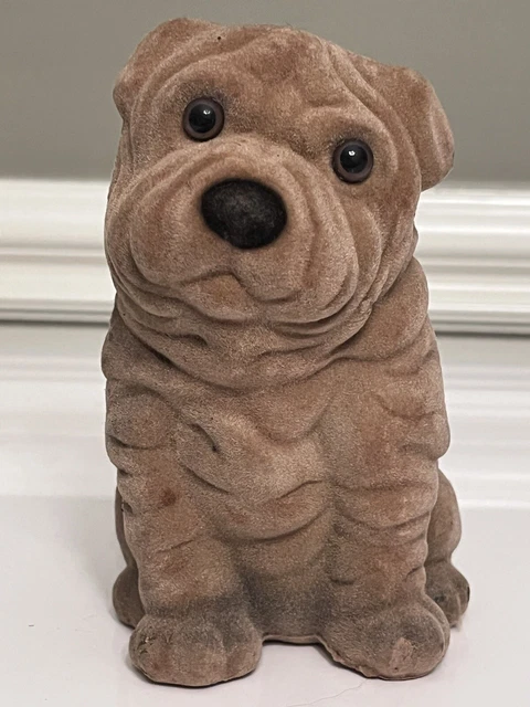 Shar Pei Dog Flocked Bank Blow Mold Plastic Vtg Brown Wrinkly Dog Piggy Bank