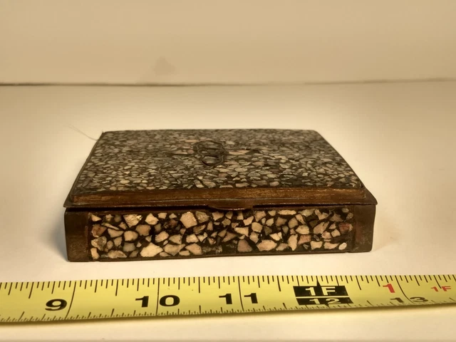 Vintage Mosaic Brass Trinket Box India Small Grey-blue Stone